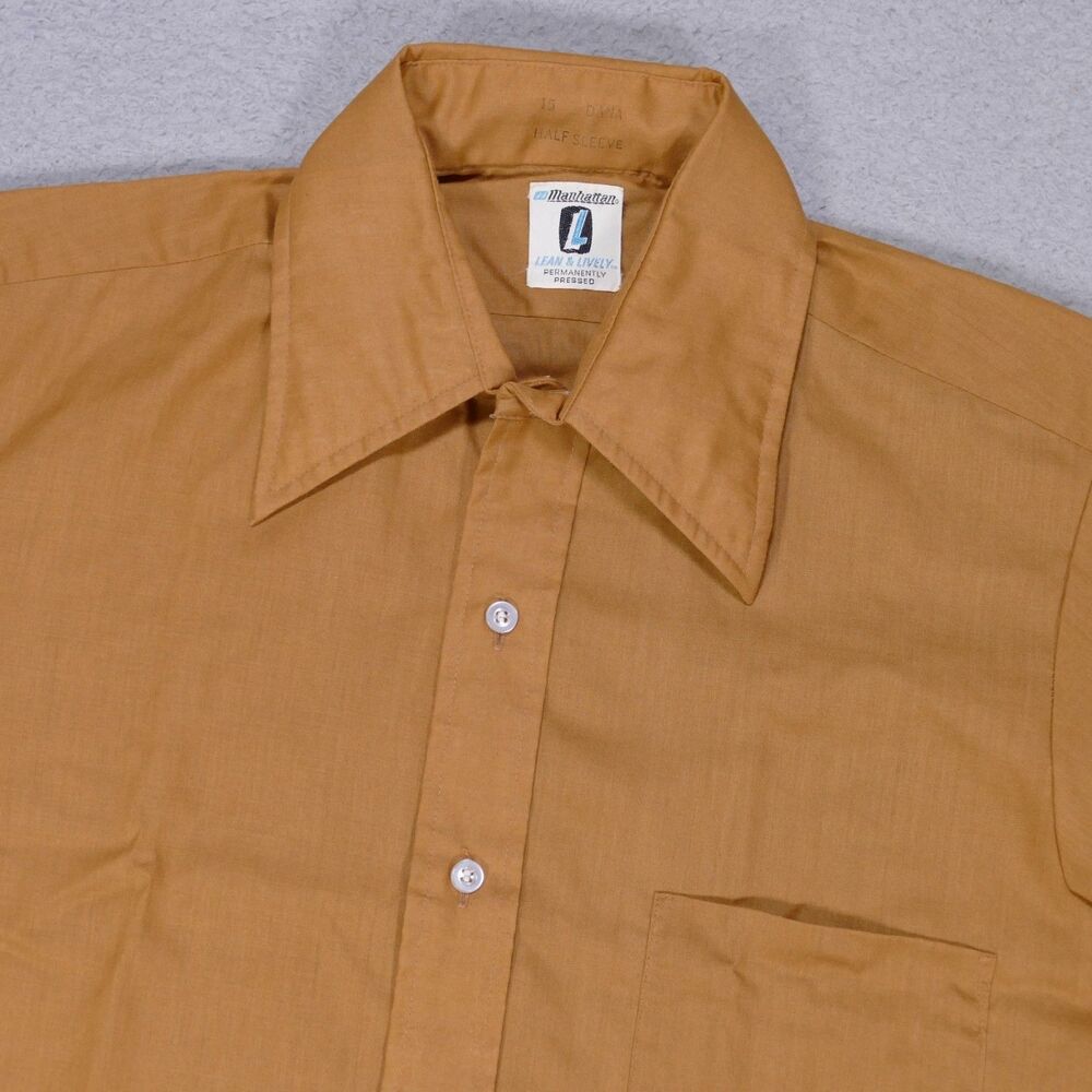 Vintage Permanent Press Shirt Men Medium Tailored Brown Dagger Collar Half Sleev